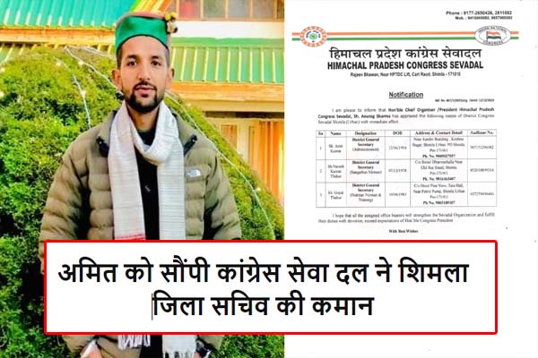 Shimla News: अमित को सौंपी कांग्रेस सेवा दल ने शिमला जिला सचिव की कमान